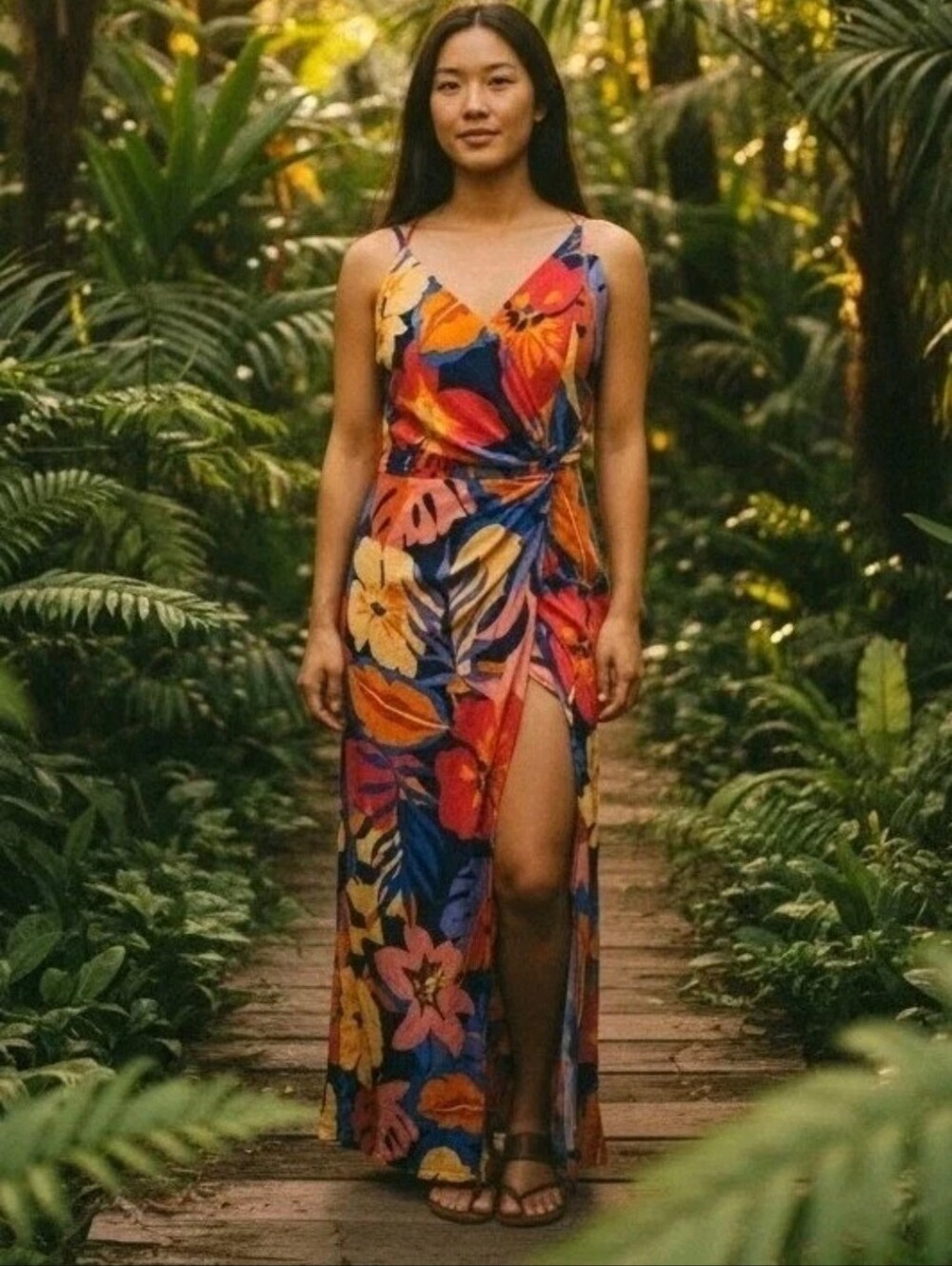 🌺 Forever 21 Tropical Floral EUC Maxi Dress with Side Knot